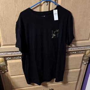 American Eagle Outfitters Black Tee with Camo Pocket and Back Design